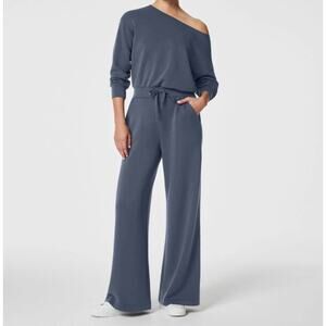 Spanx Air Essentials Wide Leg off shoulder jumpsuit Women's M Long Sleeve Blue